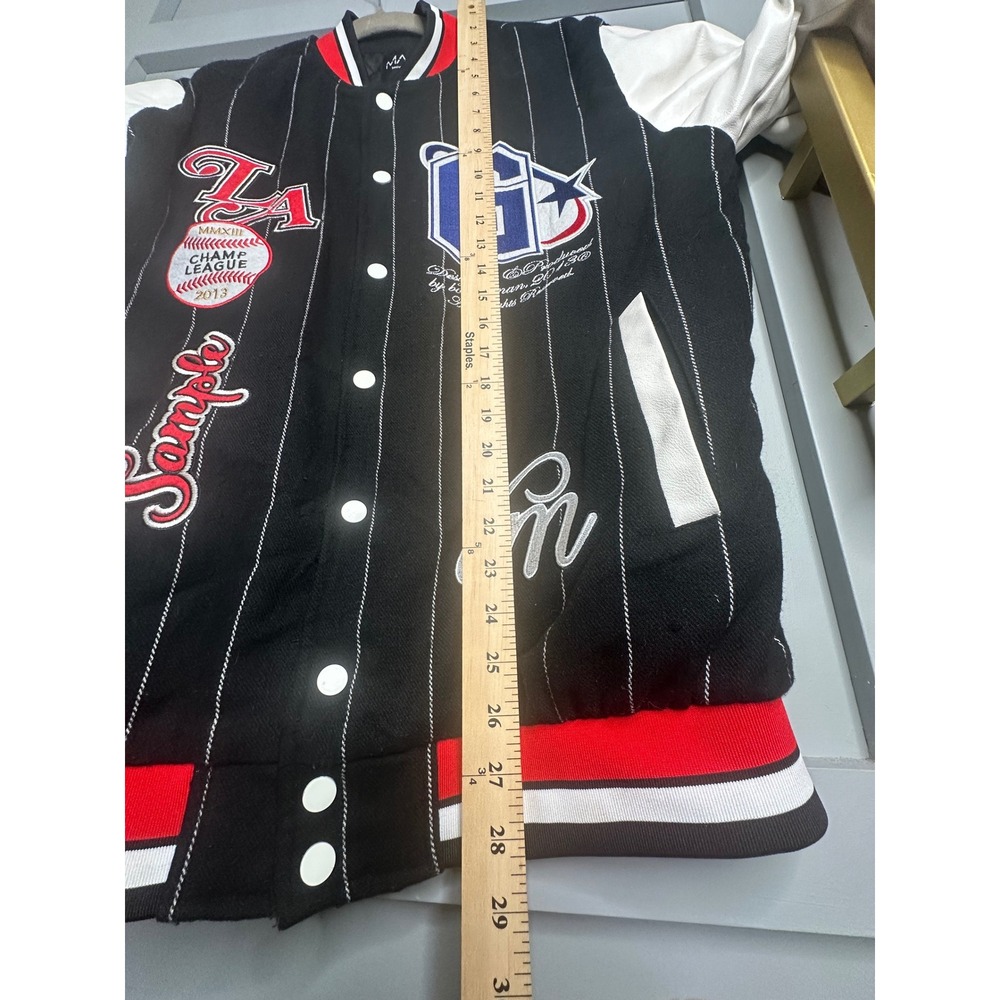 boohooMAN Mens Black Pinstripe Varsity Jacket Star Patch Faux Leather Sleeves M - Picture 10 of 12